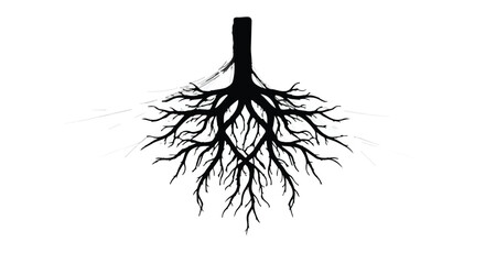 Intricate tree roots spread out against a white background, symbolizing growth and foundation.
