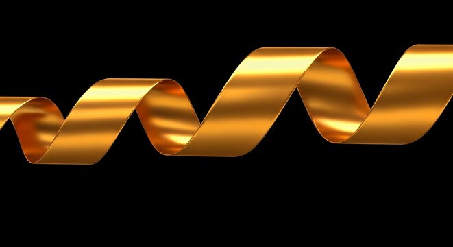 Shiny golden ribbon curled in elegant wave shape isolated on black background, luxury festive decoration. 
