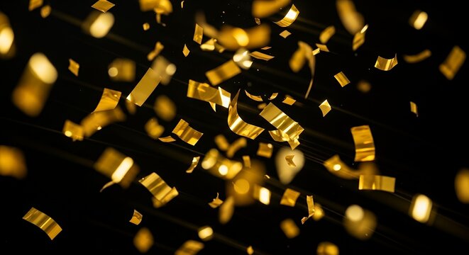 Golden confetti falling on black background 
