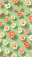 A vibrant pattern of colorful daisies scattered over a soft green background, showcasing a cheerful and playful aesthetic.