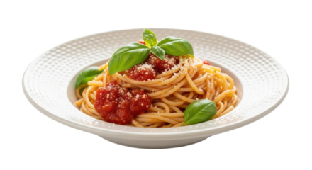 Spaghetti with tomato sauce and basil transparent background cutout png