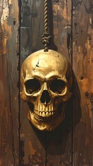 A golden skull hangs from a rope against a textured wooden background