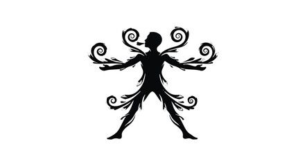 Stylized silhouette of a person with swirling decorative elements radiating from their body, symbolizing growth and nature.