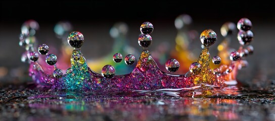 Naklejka premium Stunning colorful water droplets frozen in time create a mesmerizing abstract art display perfect for creative projects and vibrant designs, full spectrum reflection