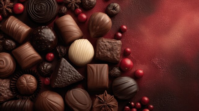An assortment of decadent chocolates displayed on a rich, textured surface, featuring various shapes and toppings, evoking indulgence and temptation.
