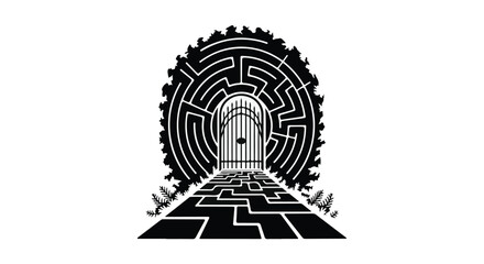 Intricate maze leading to a grand, illuminated gateway, symbolizing challenge and opportunity.