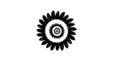 Abstract black and white floral spiral pattern with textured brush strokes on white background