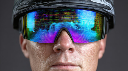 Serious man with focused face wearing helmet and futuristic virtual reality goggle showing digital technology reflection. Close up portrait of intense concentration and power