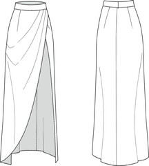 Wrap and fitted skirt technical fashion sketch, high slit and panel seam design, cad drawing flat vector illustration, front back view