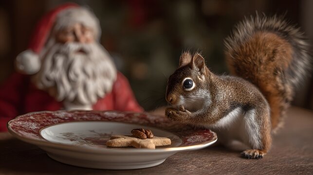 Cute squirrel steals cookie from Santa's plate at Christmas