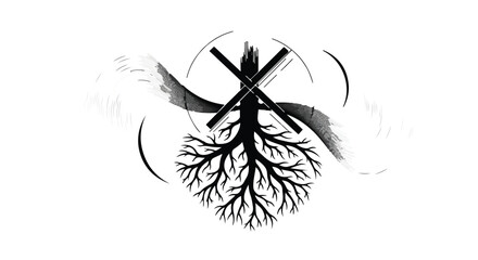 Abstract symbol of interconnected roots and swirling lines representing growth and nature