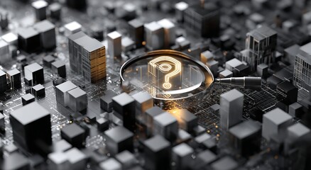 Discovering technological solutions with a magnifying glass over glowing question mark, digital transformation and innovation concept, perfect for tech industry marketing