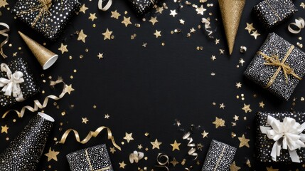 A festive arrangement of black and gold-themed gifts, party hats, and decorations, creating a celebratory atmosphere.