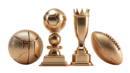 Golden sports trophy surrounded by crown, coins, basketball, and football representing victory and achievement isolated on white background