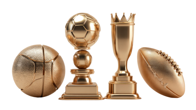 Golden sports trophy surrounded by crown, coins, basketball, and football representing victory and achievement isolated on white background