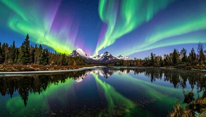 Aurora borealis dances in vibrant green and purple light over snow capped mountains reflected in a calm lake at night with starry sky and silhouetted pine trees