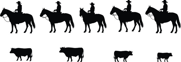Cowboys herding cattle on horseback in silhouette, western ranch lifestyle, country farming teamwork, cowboy culture, rural countryside agriculture scene