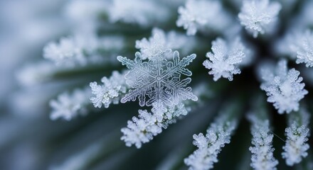 A macro shot showcases a delicate snowflake centered on a cluster of frosty pine needles