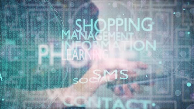 Caucasian woman user holding mobile phone and browsing app internet. Girl chatting cellphone, typing message or texting online. Female delivery shopping sitting at home. Keywords cloud spinning.