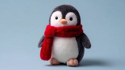 Cute Penguin Plush Toy Wearing a Red Scarf on a Blue Background