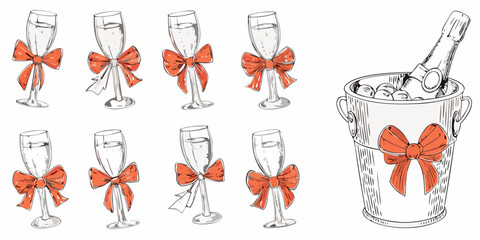 Elegant champagne glasses tied with festive bows, perfect for celebrating milestones and joyous occasions, evokes sophistication and celebration