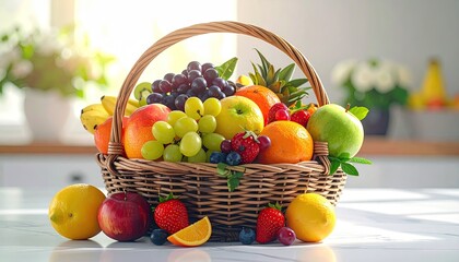 Abundant Wicker Basket Overflowing With Assorted Fresh Ripe Fruits Including Apples Oranges Grapes Berries And Pineapple Bathed In Soft Morning Sunlight On A Clean White Countertop