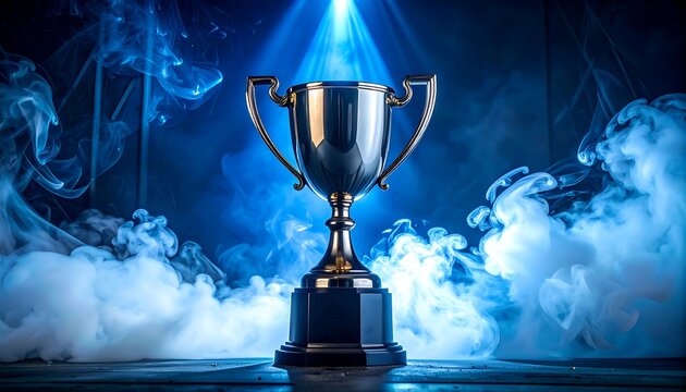 A gleaming trophy is lit by a spotlight, emerging from ethereal blue smoke against a dark background