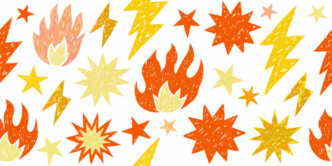 Ignite your designs with this vibrant pattern of hand-drawn stars, lightning bolts, and flames for a playful, energetic vibe that pops off the page