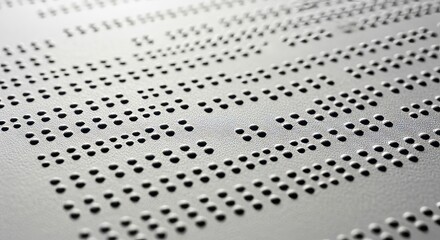 A silver surface displays rows of raised dots arranged in a pattern used for reading or writing illuminated by a light source from the right