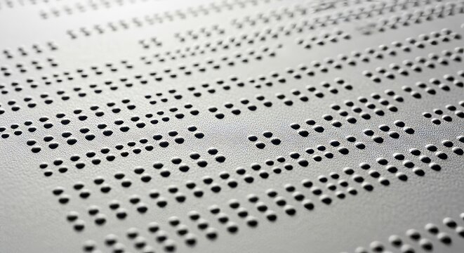 A silver surface displays rows of raised dots arranged in a pattern used for reading or writing illuminated by a light source from the right
