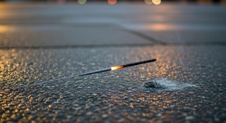 A sparkler burns on asphalt with its fiery tip glowing amidst ash and smoke against the backdrop of dim bokehlit cityscape