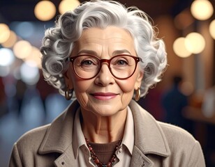 Portrait of an elderly woman with silver curly hair, wearing glasses and a coat, against a blurred background