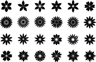 Mega Set of Black Abstract Flower and Starburst Geometric Shapes Vector Illustration