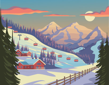 Retro ski vacation poster with vintage chairlift and classic skiing illustration