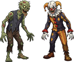 Fototapeta premium Zombie character, evil clown, horror illustration, Halloween artwork, creepy costume, scary face, cartoon undead, spooky design, grotesque monster, stock image