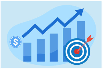 Graph rising up arrow, target and darts. Business goal, financial target, growth strategy, marketing, success achievement vector illustration