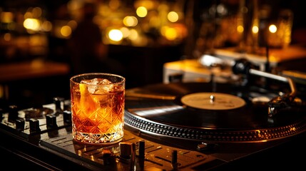 Whiskey Cocktail on Turntable with Warm Bokeh Lights in Background