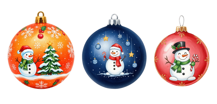 Set of three colorful Christmas ornaments with happy snowmen, festive trees, and snowflakes on a transparent background, perfect for holiday designs.