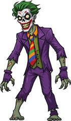 Zombie Joker character illustration, creepy undead clown artwork, horror villain cartoon, scary monster design, evil grin, Halloween fantasy art, decayed suit
