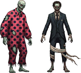 Zombie in red polka dot onesie, creepy undead character, horror monster in tattered suit, scary Halloween costume, spooky walking dead illustration