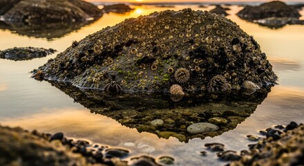 Mossy rock in shallow water reflects barnacles adhere sunset in background