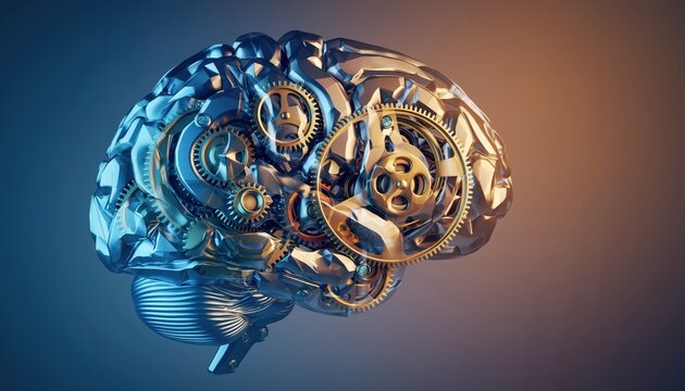 A vibrant mechanical brain composed of intricate gears and metallic elements symbolizing artificial intelligence