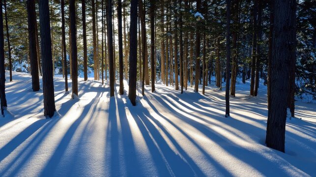 Sunlight streams through the tall pine trees, casting long shadows across the pristine snow in a serene winter forest landscape scene