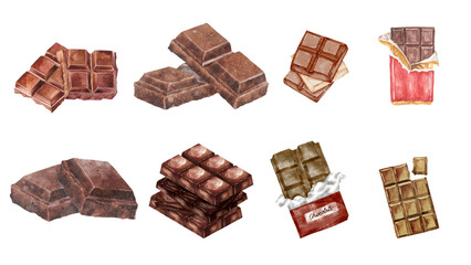 Assortment of delicious chocolate bars and pieces Watercolor illustrations of various treats and confections