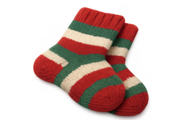Knitted christmas socks in red, green, and white stripes bringing warmth and festive cheer, transparent background