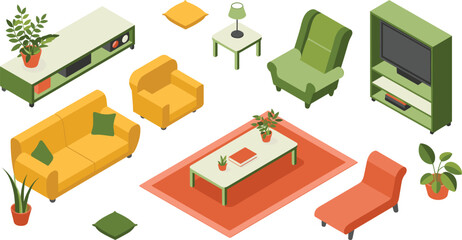 Isometric modern living room furniture set with sofa lounge chairs tables plants TV cabinet home interior decoration elements vector illustration