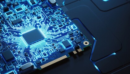 Close up of an advanced circuit board with glowing blue electronic pathways and microchips illustrating the intricate nature of modern digital computing and data flow