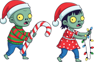 Cartoon Zombie Kids in Christmas Costumes Holding Candy Cane and Lights – Funny Holiday Mashup of Halloween and Festive Cheer