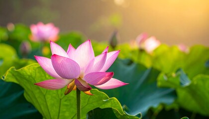 Softly lit pink flower, with delicate petals, floats among broad green leaves. Sunlight streams through the scene, creating a serene environment