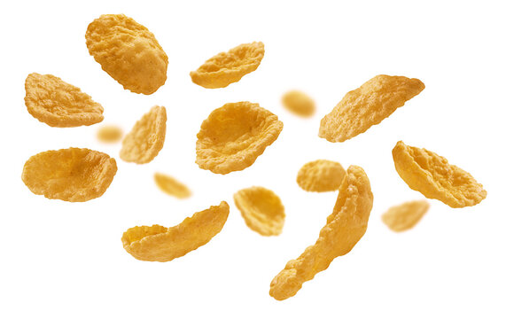 Corn flakes levitate on a white background
